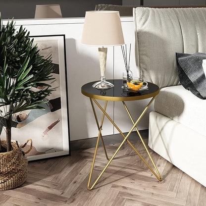 HLR Modern Round Side Table Set of 2, End Table with Marble Effect Top and Gold Metal Frame, Small Side Table for Living Room, Bedroom, Sofa and Couch, Gold Legs, Black Glass top