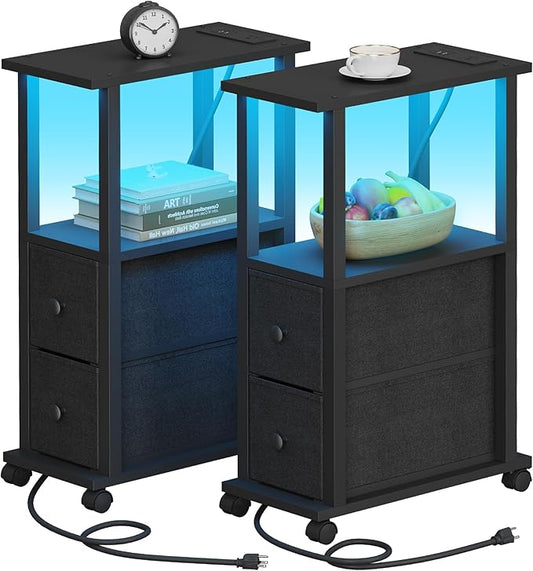 TUTOTAK Small Narrow End Tables, LED Side Tables with 2 Fabric Drawers, Set of 2, Bedside Tables with Charging Station for Small Spaces, Slim Nightstands with USB Ports and Wheels, TB01BK053L