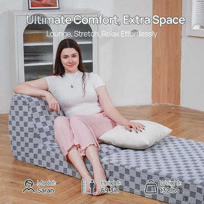 Bean Bag Chair with Checkerboard Shaker Fleece Fabric, Folding Sofa Bed, Floor Sleeper Lounge Chair, Lazy Sofa for Living Room, Bedroom, Apartments (Cement Gray)