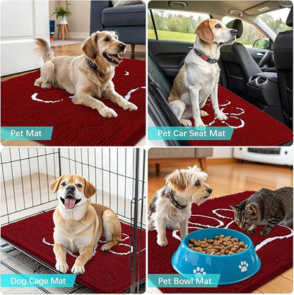 OLANLY Door Mat for Muddy Dog Paws 48x30, Ultra Absorbent Chenille Mud Doormat with Paw Print Design, Non-Slip Washable Doormat for Indoor Entryway, Quick-Dry Pet Bed Mats for Dirty Dogs, Red