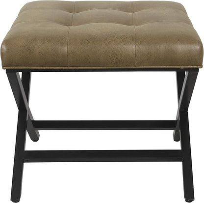 HomePop Home Decor | Modern Tufted Faux Leather Square Ottoman with Metal X Base | Ottoman for Living Room & Bedroom | Decorative Home Furniture, Light Brown Faux Leather