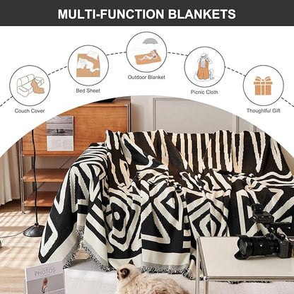 STACYPIK Reversible Boho Couch Cover Ivory Black Futon Armchair Slipcovecrs Anti-Slip Sofa Cover for Dogs Cats Geometric Triangle Couch Cover Versatile Furniture Protector for 2 Cushion Couch-71X90IN