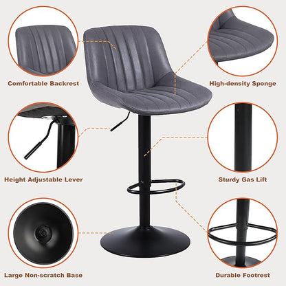 Bar Stools Set of 4, Swivel Counter Height Barstools with Back, Adjustable PU Leather Bar Chairs, Modern Armless Kitchen Island Stool, Dark Grey
