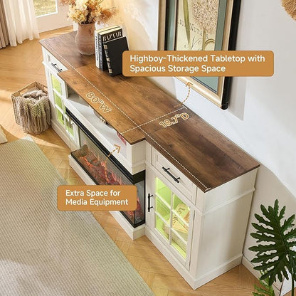 ROCKPOINT 3 Sided Glass 80" Fireplace TV Stand for TVs up to 90", Entertainment Center with Drawers and Glass Door Storage Cabinet for Living Room,36" Electric Fireplace & Adjustable LED Light,White