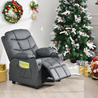 Costzon Kids Recliner Chair with Cup Holder, Adjustable Lounge Chair w/Footrest & Side Pockets for Children Boys Girls Room, Ergonomic Toddler Furniture Sofa, Kids Recliner (Grey)