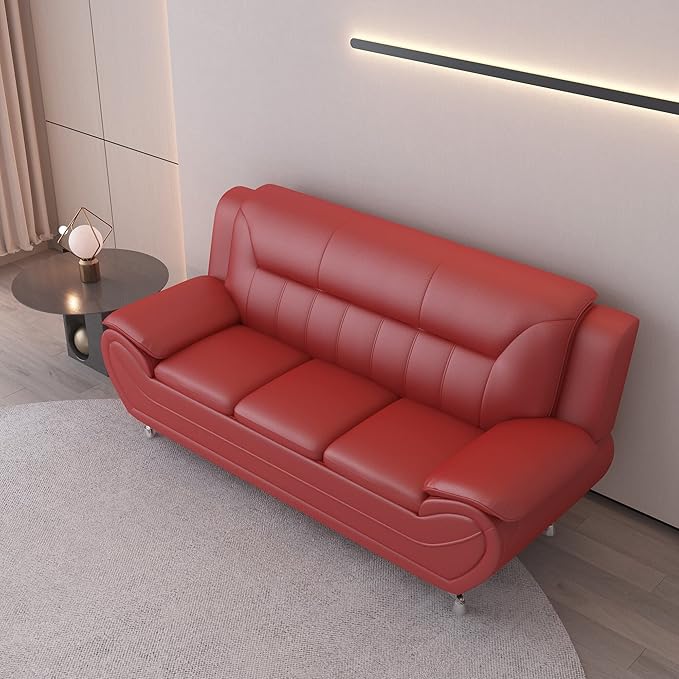 Container Furniture Direct Michael Modern Faux Leather Upholstered Stainless Steel Legs Living Room Sofa, Chair, Persian Red