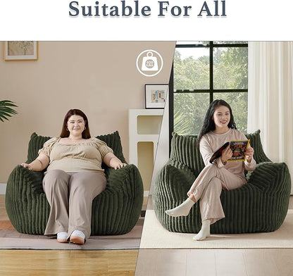 Giant Plush Bean Bag Chair for Adults with Armrests - Oversized Comfy Green Beanbag Lounge Lazy Floor Sofa Accent Chair for Living Room, Bedroom & Dorm, Cozy Fluffy Single Cloud Mini Couch