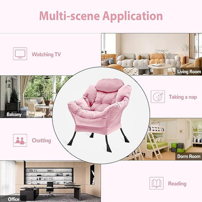 Lazy Chair Thick Padded, Comfy Velvet Accent Lounge Chair with Stable Frame, Leisure Sofa Armchair with Armrests and Side Pocket, Reading Chair for Bedroom, Living Room, Office, Pink