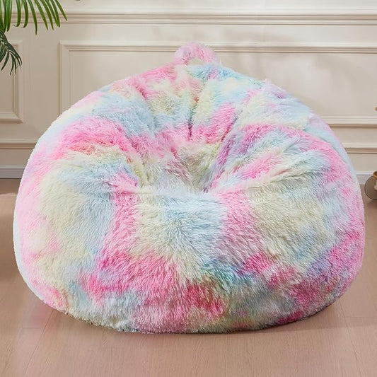 7FT Giant Fur Bean Bag Chair Cover, Ultra Soft Rainbow Bean Bag Chairs for Adults (No Filler, Cover only), Big Round Soft Fluffy Faux Fur Bean Bag Lazy Sofa Bed Cover, Washable Big Size Bean Bag Cover