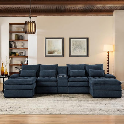 130" U-Shaped Sectional Sofa with Storage Console & Cup Holders, Upholstered 6 Seat Living Room Sleeper Couch Furniture Set w/Chaise, Cloud Cushion Couch for Home, Office, Apartment,Blue