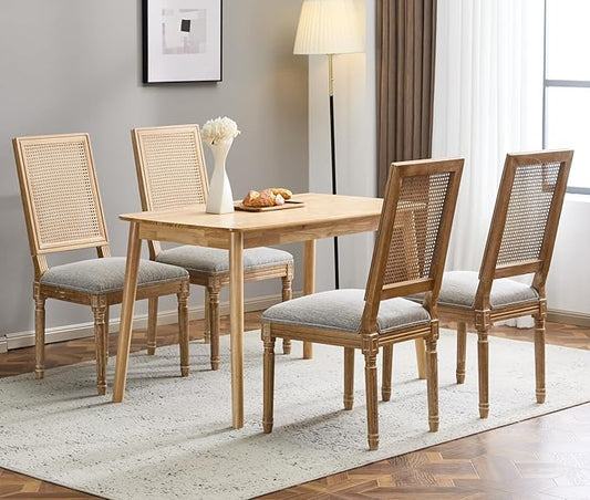 Merax Upholstered Solid Wood Dining Chairs Set of 4, French Country Style Accent Side Seating Furniture for Kitchen, Living Room, Wicker Back, Grayish Green