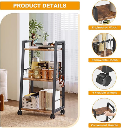 3 Tier Kitchen Storage Cart with Lockable Wheels & 6 Hooks, Mobile Utility Organizer Rolling Cart for Small Spaces, Bar Cart for Kitchen and Living Room, Rustic Brown