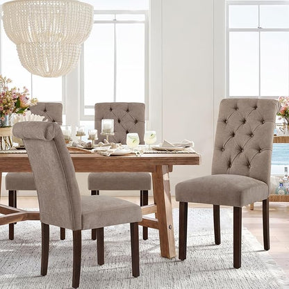 COLAMY Button Tufted Dining Chairs Set of 6, Parsons Upholstered Fabric Dining Room Chairs Kitchen Chairs with Wood Legs and Padded Seat, Taupe
