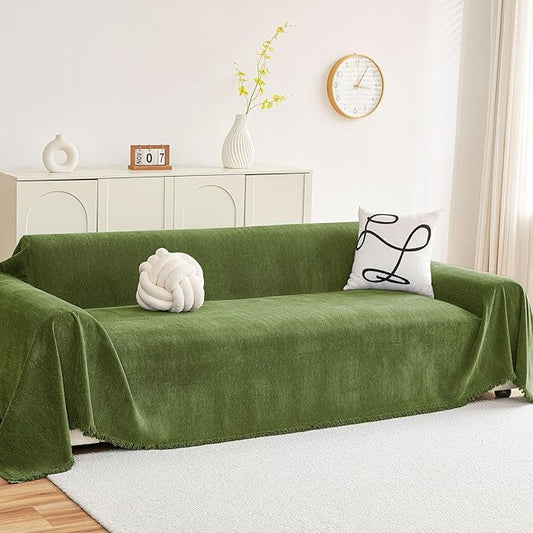 hyha Couch Cover for Dogs, Boho Sofa Covers for 3 Cushion Couch Washable, Chenille Sofa Slipcover for Pets, Soft Loveseat Sectional Couch Throw Blankets with Tassels (Green, 71x150 Inch)