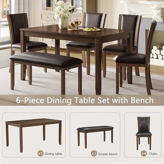 Ball & Cast 6 Piece Dining Table Set with 4 Upholstered Chairs & 1 Bench,Farmhouse Wooden Living Room Furniture for 6 W/ 58.5" Rectangle Kitchen Desk,for Restaurant,Home Bistro,Dining Room,Dark Walnut