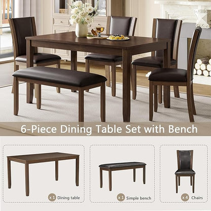 Ball & Cast 6 Piece Dining Table Set with 4 Upholstered Chairs & 1 Bench,Farmhouse Wooden Living Room Furniture for 6 W/ 58.5" Rectangle Kitchen Desk,for Restaurant,Home Bistro,Dining Room,Dark Walnut