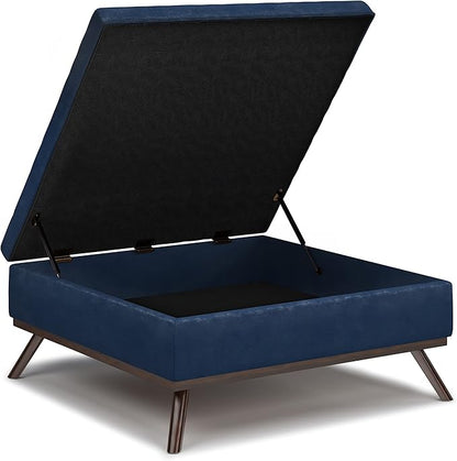 SIMPLIHOME Owen 36 inch Wide Mid Century Modern Square Coffee Table Storage Ottoman in Distressed Dark Blue Vegan Faux Leather, Assembled, for the Living Room, Entryway and Family Room