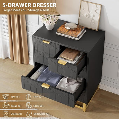 GAOMON Black 5 Drawer Dresser for Bedroom, Chest of Drawers with Metal Base, Modern Dresser Chest Cabinet Organizer for Living Room, Hallway, Closet