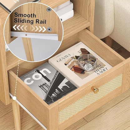 Nightstand Rattan with Charging Station, Mid Century Modern Bed Side Table, Boho End Table with Wood Legs, Bedside Tables for Bedroom Living Room (1, Natural, 11.8" D x 15.9" W x 23.4" H (1 Drawers))