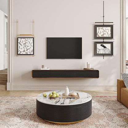 Fully-Assembled Minimalist Floating TV Stand, Modern Wall-Mounted Entertainment Center with 3 Flip-Down Cabinet Doors, Solid Wood, Walnut Veneer, 78"