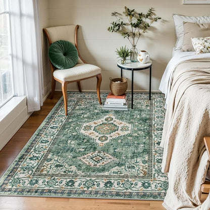 Lahome Oriental Machine Washable Rug, 3x5 Soft Green Rugs for Entryway Dorm, Non Slip Distressed Vintage Throw Carpet for Bedroom Living Room Entrance, Green/Multi