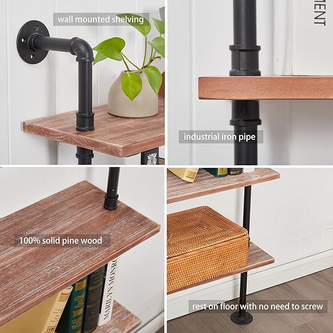 7 Tier Industrial Wall Mounted Ladder Shelf Bookcase, Rustic Wood Metal Pipe Industrial Shelves for Living Room Decor and Storage (Weathered Brown, 7 Tier - 10" D x 36" W x 95.5" H)