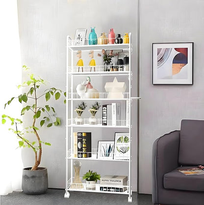 6 Tier 6in Slim Rolling Cart with Handle, White Mobile Shelving Unit with Wheels, Metal Wire Storage Rack with Baskets for Kitchen Bathroom Office Laundry Narrow Piaces