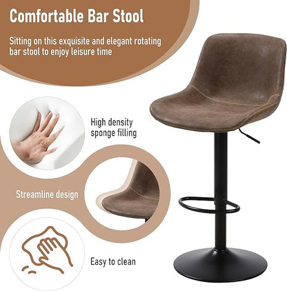 Bar Stools Set of 2, Swivel Counter Height Barstools with Back, Adjustable Modern Bar Chairs, Tall Armless PU Leather Kitchen Island Stool, Brown