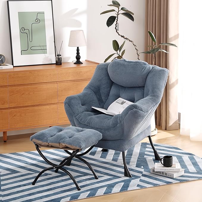 Lazy Chair with Ottoman, Modern Chair with Folding Footrest, Lounge Accent Chair, Comfortable Reading Chair (Plush Light Blue)