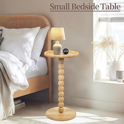 Round Side Table, Solid Wood Small Drink Table for Small Spaces, Boho Rattan End Table for Living Room, Modern Accent Table for Couch, Bedroom, Corners