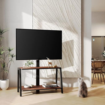 FITUEYES Wood TV Stand with Mount for 32-55 inch TVs, 2 Tier Entertainment Center with Storage for Bedroom & Corner, Tall Wooden TV Mount Stands & Metal Mount - Max Load 77lbs for Flat Screen