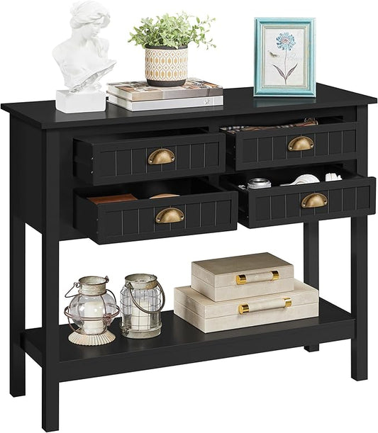Yaheetech Console Table with 4 Drawers, Sofa Side Table with Bottom Open Storage Shelf, Heavy-Duty Entryway Tables for Hallway/Living Room, 39.5x14x32 inch, Black