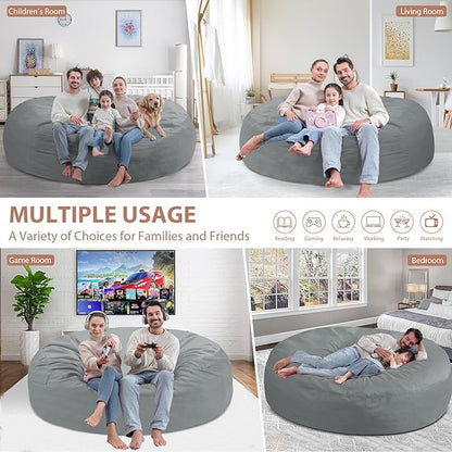 7FT Bean Bag Chair, Large Bean Bag Chairs with Memory Foam Filled, Fluffy Beanbag Sofa with Dutch Velvet Cover, Round BeanBag Chairs for Living Room, Playroom - Light Grey