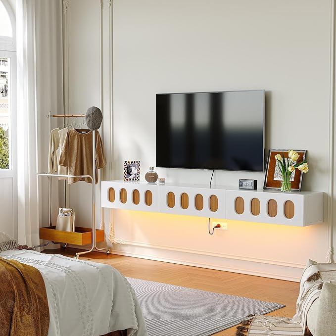 Floaticase Floating TV Stand, 70IN Fully Assembled High Gloss Wall Mounted Entertainment Center with Flip-Down Doors & Drawers, TV Console Under TV Shelf for Bedroom Livingroom