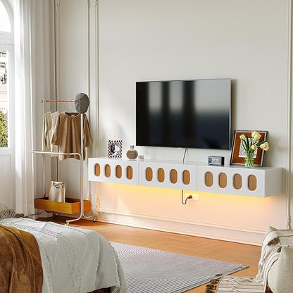 Floaticase Floating TV Stand, 70IN Fully Assembled High Gloss Wall Mounted Entertainment Center with Flip-Down Doors & Drawers, TV Console Under TV Shelf for Bedroom Livingroom