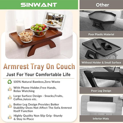 SINWANT Couch Arm Tray, Bamboo Couch Arm Table with 360° Rotating Phone Holder,Sofa Armrest Tray for Eating,Drinks,Snacks, Remote Control