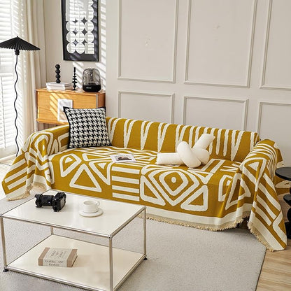 STACYPIK Thick Mustard Yellow Boho Sofa Covers Breathable Chair Couch Cover for 1 Cushion Sofa - Pet Friendly Pet Protector - Soft Chenille Jacquard - Washable - 71X71IN