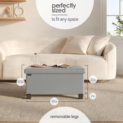 STORAGEBUD Storage Ottoman Bench with Bins, 30-in Storage Bench for Bedroom End of Bed, Folding Foot Rest Ottoman for Living Room Max 660lbs, Faux Leather Ottomans, Light Grey