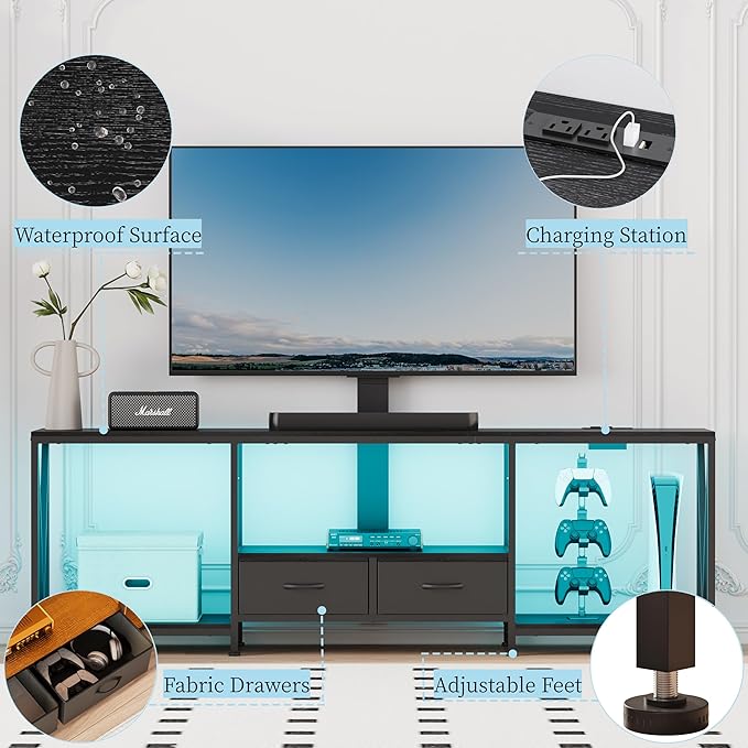 63" W TV Stand with Mount for 50,55,65,75" TV,Entertainment Center with Power Outlet and Led Lights,Height Adjustable TV Console Table with Open Storage Shelves and Fabric Drawers (Black)