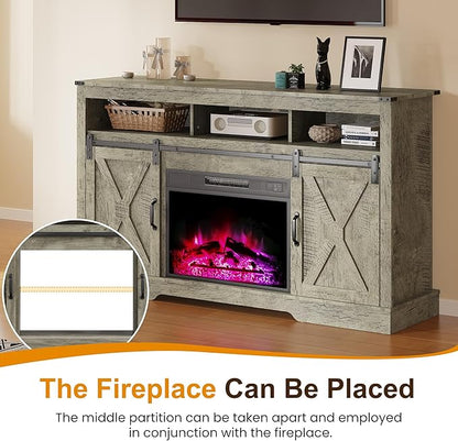 RoyalCraft Farmhouse Fireplace TV Stand for 65+ Inch TV, Entertainment Center with 23" Electric Fireplace with Remote, 34" Modern Rustic TV Console with Sliding Bar Door for Living Room, Light Grey