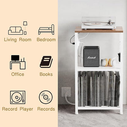End Table with LED Light,Record Player Stand with Charging Station,Vinyl Records Storage,Turntable Stand Albums Storage for Music Room Studio-Industry White
