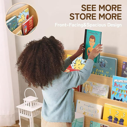 TOETOL 4-Tier Kids Bookshelf - Toddler Book Display Shelves for Classrooms, Playrooms, and Nursery - Wooden Children Book Rack (Natural)