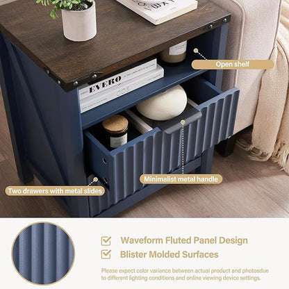 Navy Blue Nightstand with Charging Station - 20 Inch Wide Farmhouse Fluted Bedside Table with 2 Drawers, Modern Wood End Side Table for Bedroom Study Storage Home