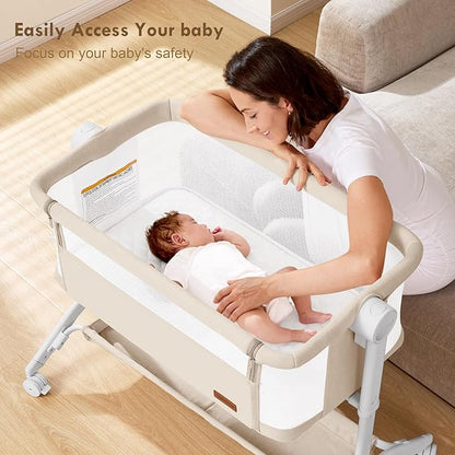 Bassinet Bedside Sleeper - All-Mesh Design, Portable Bedside Bassinet for Baby with Washable Mattress, 5 Adjustable Heights（Beige）