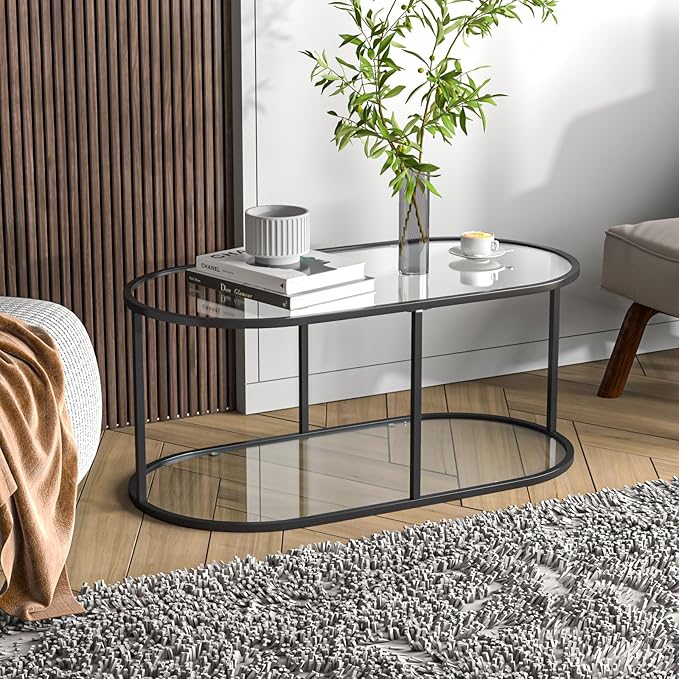 Coffee Table Black Glass Coffee Table for Living Room,2 Tiers Oval Center Table with Sturdy Metal Frame,Modern Tempered Glass Accent Table for Bedroom Home Office