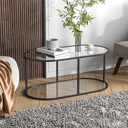 Coffee Table Black Glass Coffee Table for Living Room,2 Tiers Oval Center Table with Sturdy Metal Frame,Modern Tempered Glass Accent Table for Bedroom Home Office
