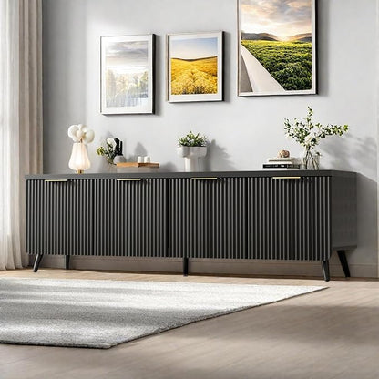 TV Stand for Up to 60" TVs, Modern Entertainment Center with 4 Cylindrical Stripe Doors, Media Console Table with Solid Wooden Legs, Modern TV Stand for Living Room, Bedroom, Black