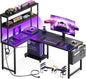 AODK L Shaped Desk Gaming Desk with LED Light & Power Outlet, 43 Inch Reversible L Shaped Computer Table with Shelf, Corner Desk with Storage Bag&Hook for Home Office Desk, Black