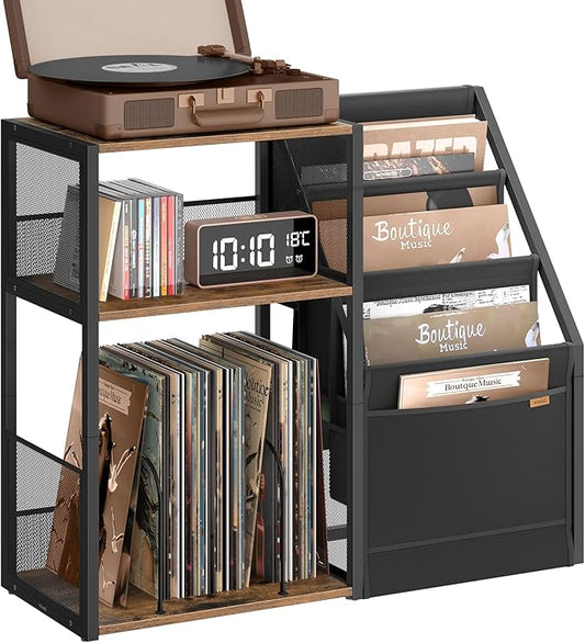 VASAGLE Record Player Stand, 3-Tier Side Table, Vinyl Record Storage up to 140 Albums, End Table for Living Room, Bedroom, Rustic Brown ULET276K01