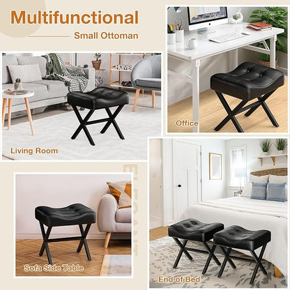 18-Inch Large Leather Vanity Stool, Vanity Chair with Metal X-Leg, Ottoman Foot Stool with Thick Padded Saddle Seat, Black
